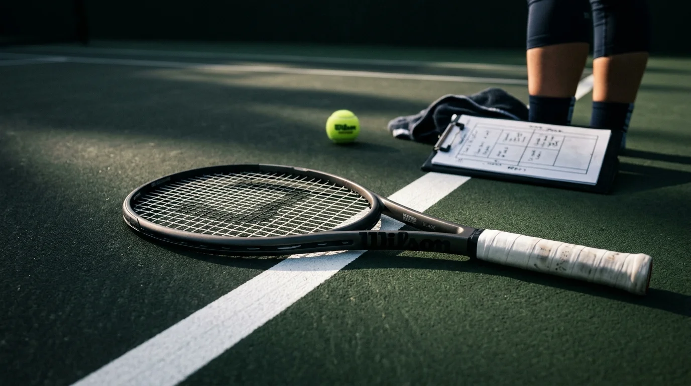 Kortta raket, taktik planı ve tenis hocası antrenman gereçleri